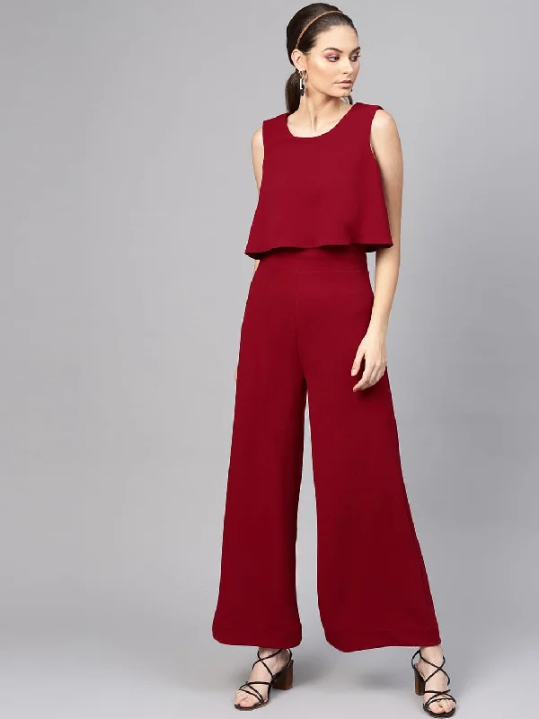 Women's Vacation Clothes Maroon Layered Jumpsuit