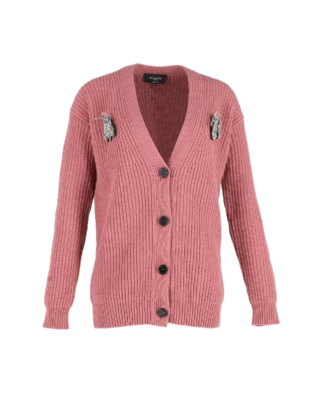 Women's High-End Clothing Rochas Bug Brooch Knitted Cardigan in Pink Cotton Wool