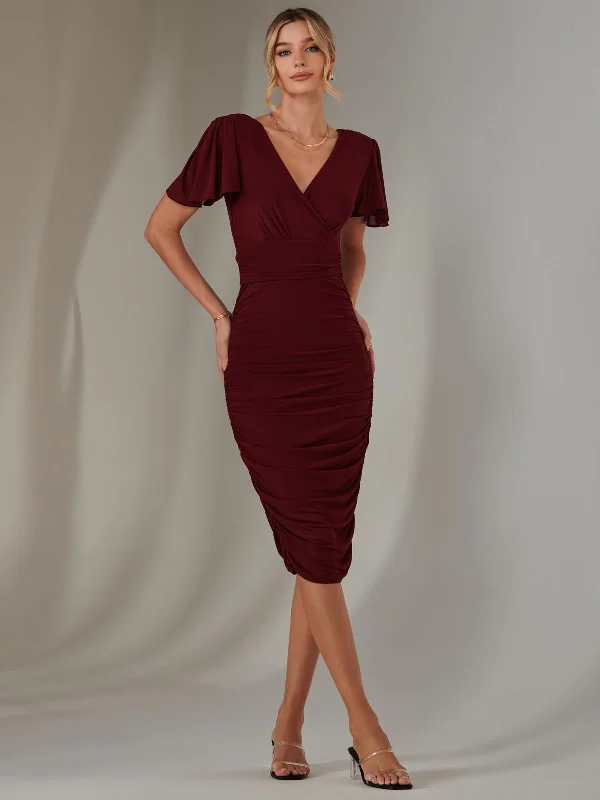 Women's Clothes Plain Angel Sleeve Ruched Bodycon Dress, Burgundy