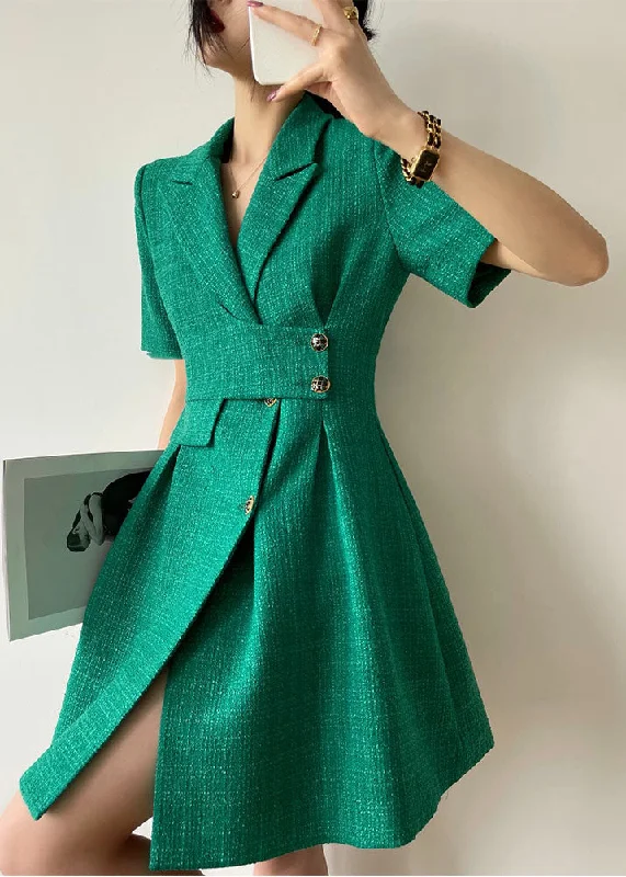 Style Streetwear Boutique Green Peter Pan Collar Side Open Woolen Holiday Cinch Dress Short Sleeve Style Streetwear Boutique Green Peter Pan Collar Side Open Woolen Holiday Cinch Dress Short Sleeve