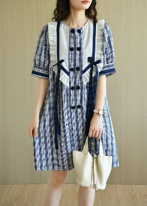 Women's Clothing For Special Occasions Classy Blue Plaid Ruffled O-Neck Button Summer Dresses Half Sleeve