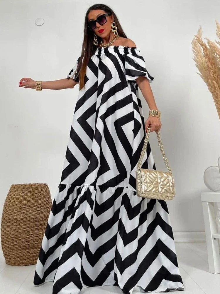 Women's Evening Clothing Long with Stripes for Women Loose Off Shoulder Print Horn Sleeve Midi Summer Holiday New Fashion Maxi Dress