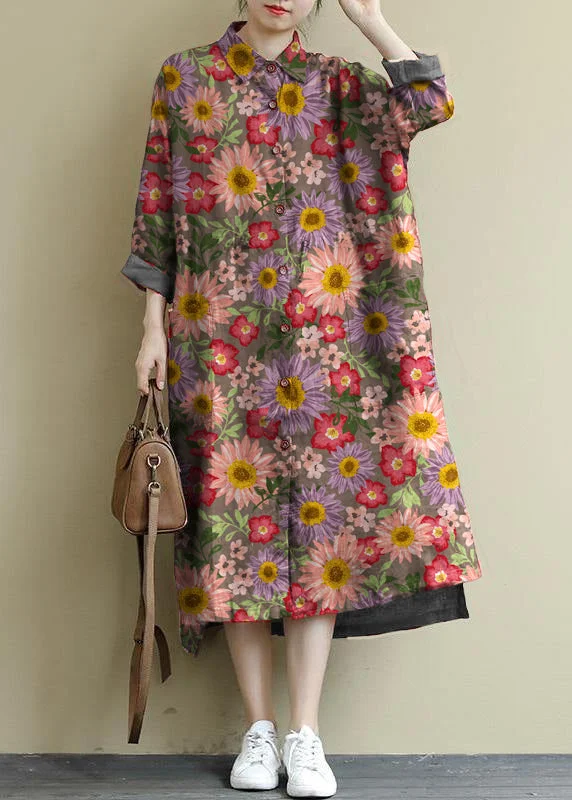 Comfortable Women's Clothing gray flower Linen Shirt Dress Casual Oversize Spring Maxi Dresses