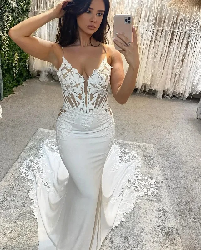 Elegant Clothing For Women Sexy Ivory Boho Lace V-neck Wedding Dresses Spaghetti Straps Mermaid Bridal Dress Appliqued Lace Backless Wedding Gowns 2024