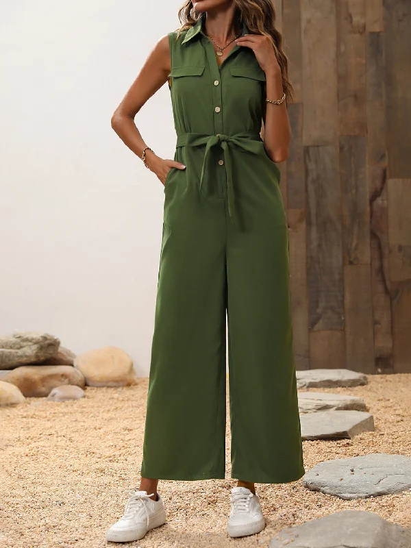 Women's Plus-Size Clothes Tie Waist Sleeveless Wide Leg Jumpsuit