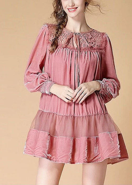 Modern Women's Clothes Handmade Pink Embroideried Patchwork wrinkled Fall Long sleeve Dress