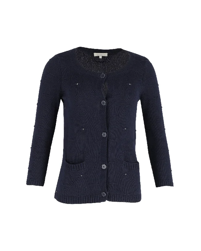 Trendy Athleisure Clothing For Women Sandro Paris Studded Cardigan in Navy Blue Cotton