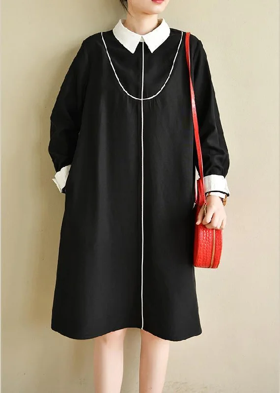 Women's Athletic Clothes Plus Size Black Peter Pan Collar  Button Spring Long Dresses