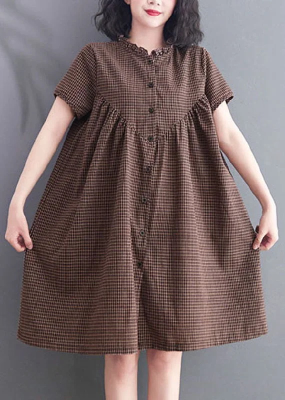 Women's Outerwear Clothing Casual Brown Wrinkled Ruffled Plaid Cotton Dress Short Sleeve