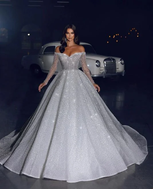 Fashion-Forward Women's Clothing Arabia Glitter Princess Wedding Dresses Off Shoulder Sparkly Long Sleeves Bridal Gowns A-Line Dubai Pageant Bride Dress