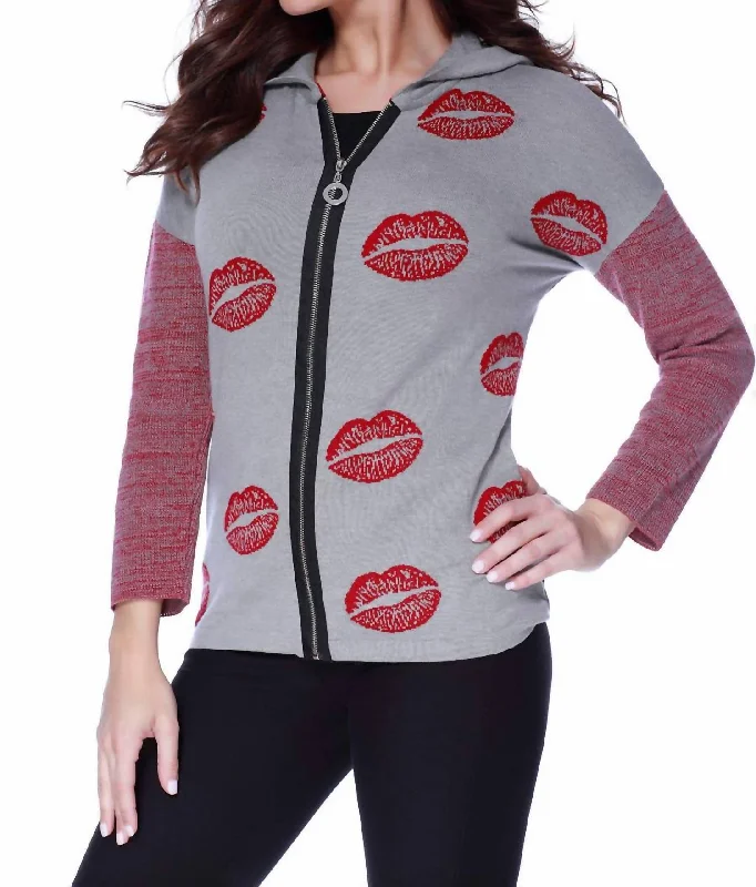 Fashionable Women's Clothes Kisses Me Hooded Cardigan In Gray/red