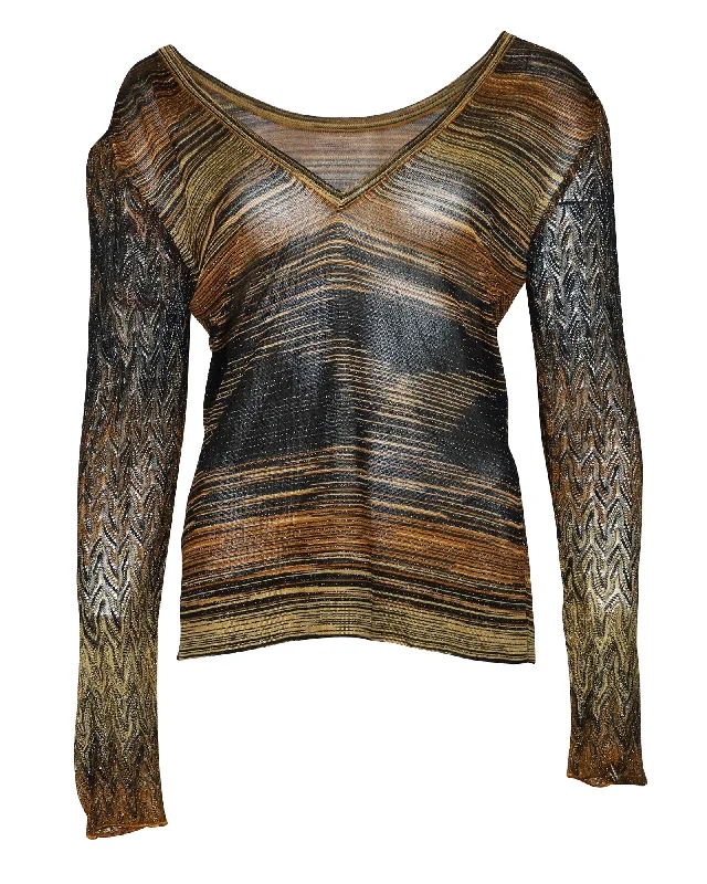 Women's Office Clothing Missoni V Neck Metallic Sweater in Brown Rayon