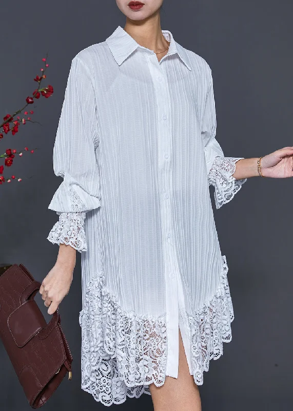 Latest Fashion for Women Sexy White Lace Patchwork Wrinkled Chiffon Shirt Dress Spring Latest Fashion for Women Sexy White Lace Patchwork Wrinkled Chiffon Shirt Dress Spring