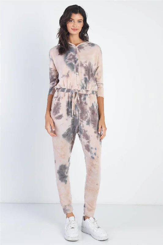 Trendy Street Style Tie-Dye Button Up Midi Sleeve Hooded Jumpsuit