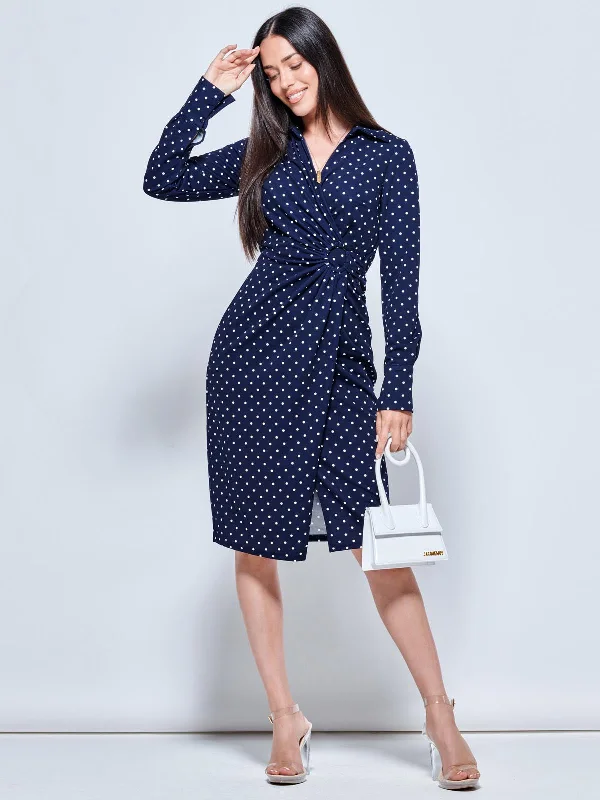 High-Fashion Women's Clothing Wrap Front Buckle Detail Shirt Dress, Navy Polka Dot