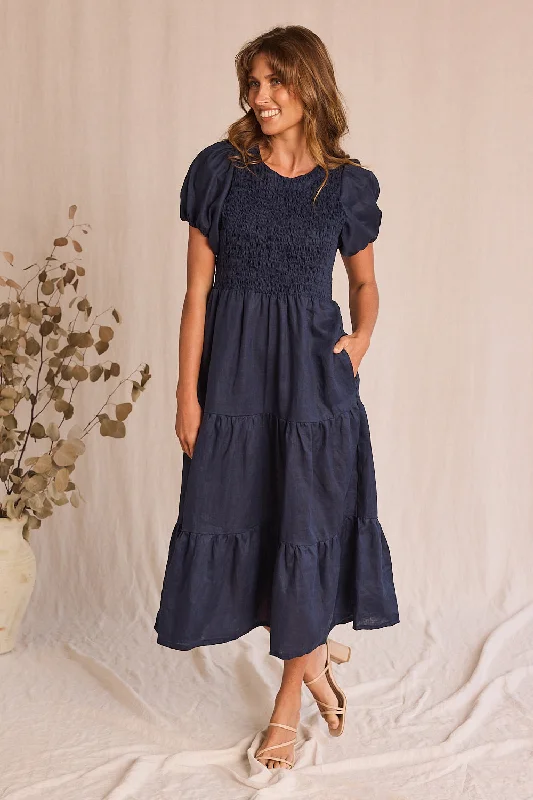 Women's High-End Clothing Minden Linen Shirred Short Sleeve Dress in Navy