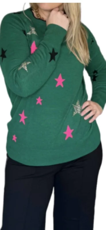 Charming Women's Clothes For Special Events Intarsia Stars Sweater In Green