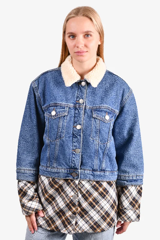 Stylish Outerwear Clothing For Women Maje Denim/Plaid Print Jacket with Removable Shearling Collar Size 38