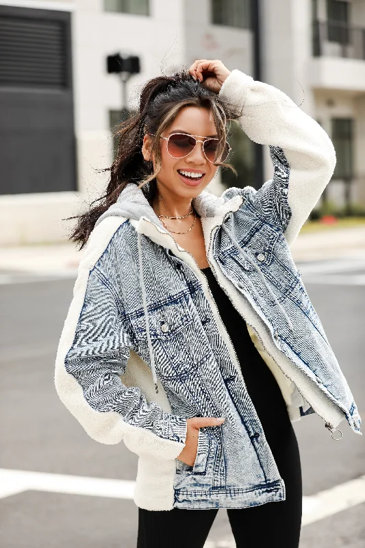 Women's Formal Event Outfit Back In Town Hooded Denim Teddy Jacket