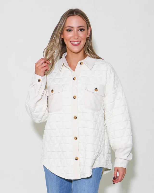 Women's Fashion-Forward Apparel Oversized Quilted Cozy Shacket Jacket in Cream