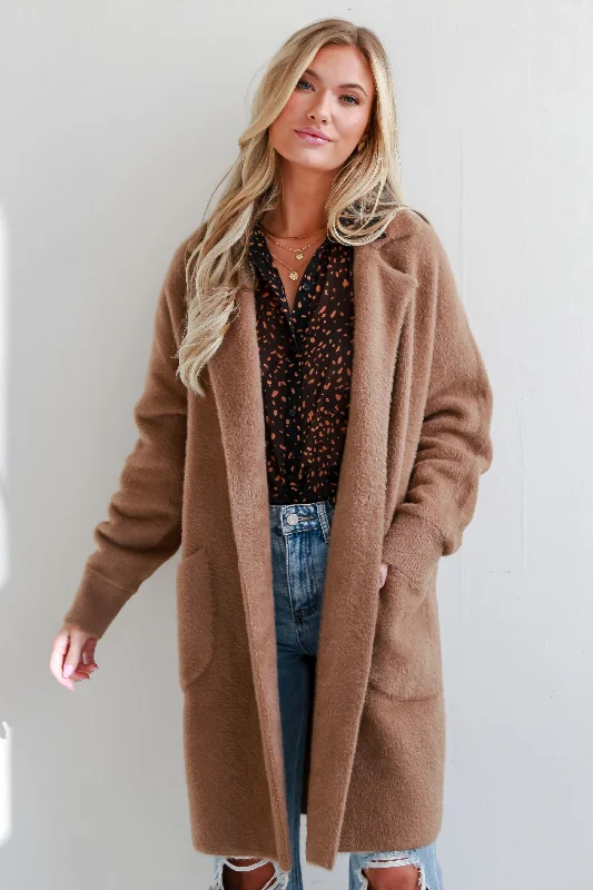 Women's Vacation Clothes Wintery Stroll Taupe Eyelash Knit Longline Coat
