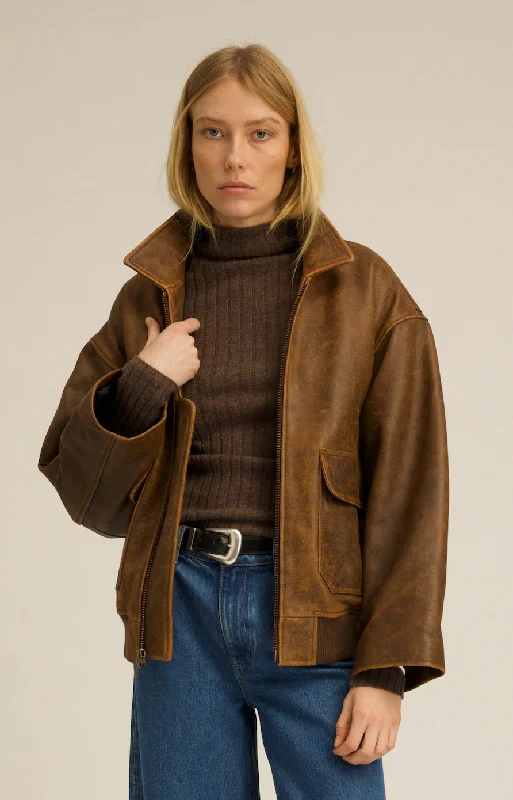 Vintage Clothing For Women Brown Distressed Leather Aviator Jacket
