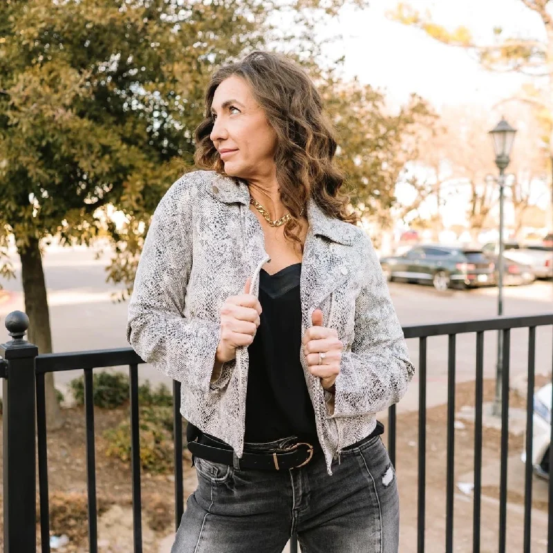 Classic Women's Clothing Styles Snake Eyes Faux Suede Snakeskin Moto Jacket