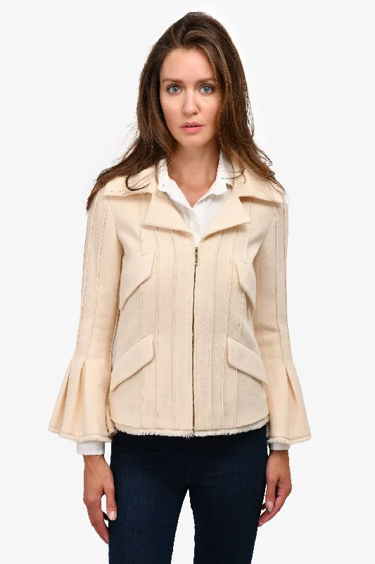 Stylish Women's Outfit Pre-Loved Chanel™ Cream Pleated Bell Sleeve Zip-Up Jacket Size 38