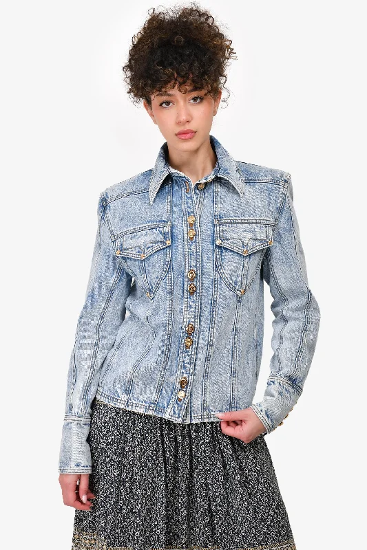 Women's Stylish Outdoor Outfit Balmain Blue 'Acid Wash' Denim Gold Button Detail Jacket with Shoulder Pads Size 34