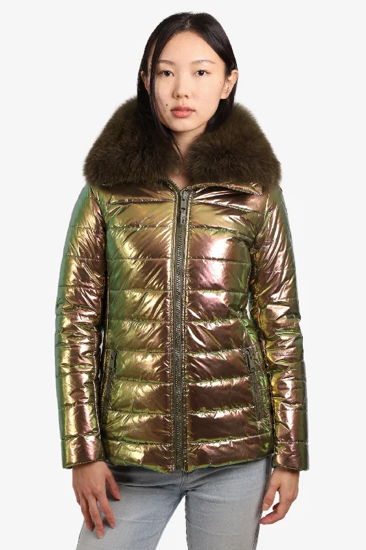 Sustainable Women's Clothes Yves Salomon Iridescent Puffer Jacket with Faux Fur Trim Size S