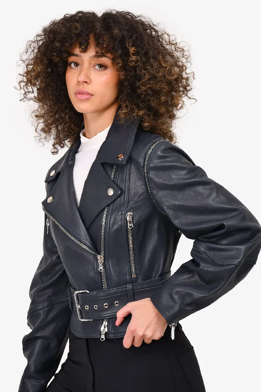 Best Fashion Deals Of The Season – Upgrade Your Style Veronica Beard Blue 'Dylan' Leather Jacket with Detachable Sleeves Size 4