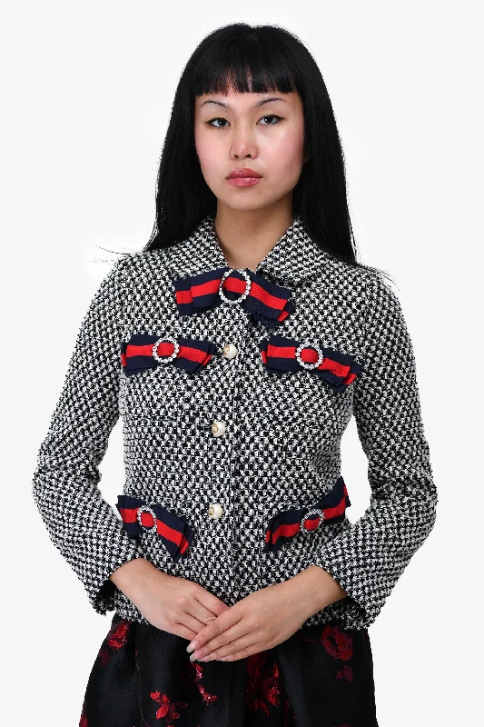 Women's Chic Outerwear Outfit Gucci Black/White Tweed Web Crystal/Bow Embellished Jacket Size 36
