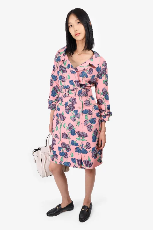 Fashionable Women's Casual Apparel Prada Pink Silk Floral Trench Coat Size 40