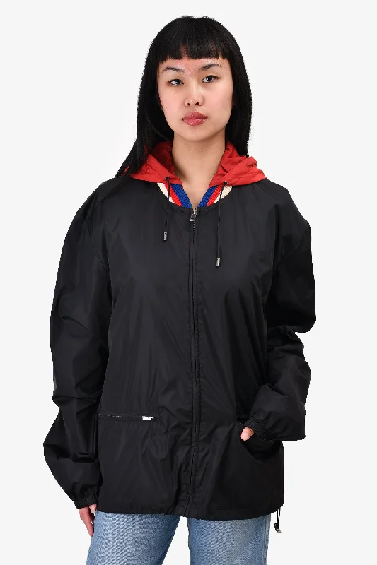 Women's Clothes And Garments Gucci 2017 Black/Red Removable Hood Logo Printed Rain Jacket Size 54 Mens