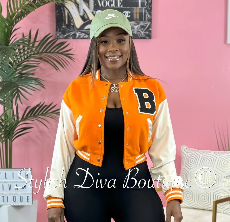 Stylish Women's Outerwear Apparel Varsity Cropped Jacket (Orange/White)