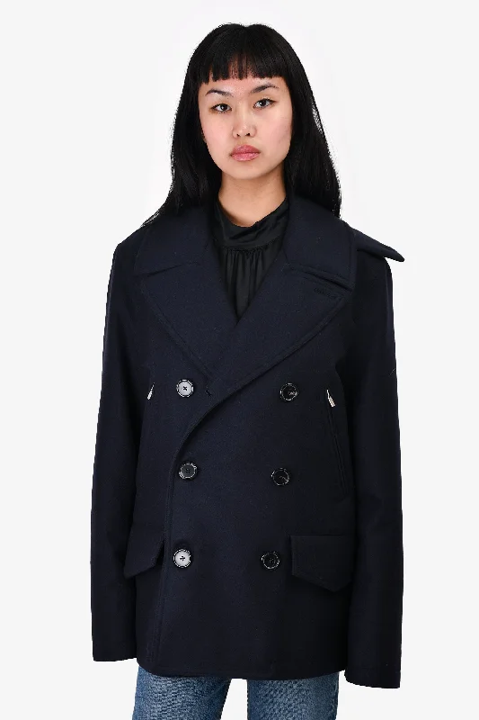 Women's Relaxed Clothes Hermès Navy Wool Double Breasted Coat Size 48
