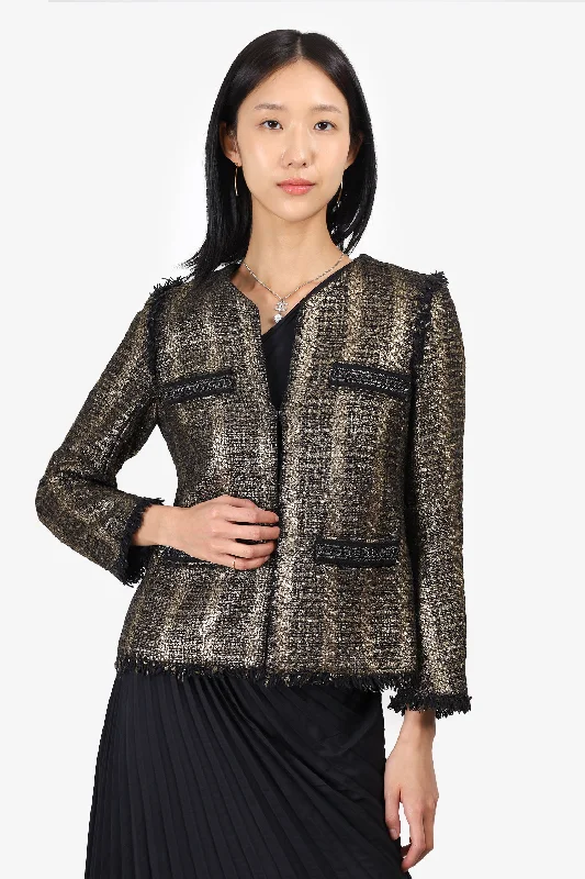 Women's Formal Event Outfit Sandro Gold Tweed Fringe Jacket Size 38