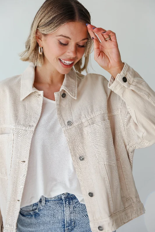 Plus-Size Women's Clothing FINAL SALE - Practical Charm Off White Denim Jacket