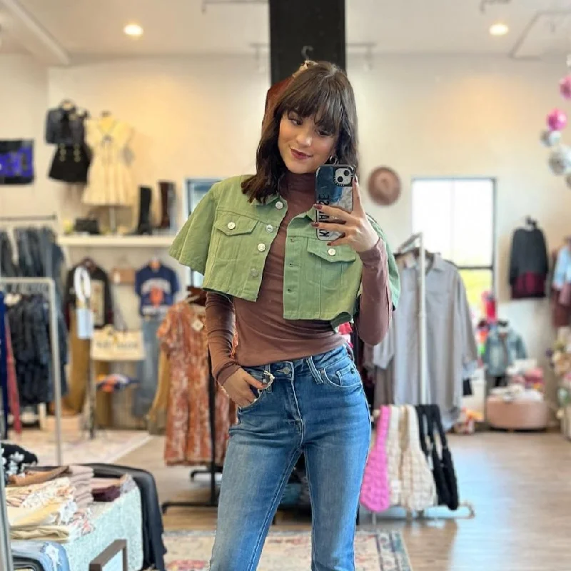 Women's Work Outfit Truly Yours Puff Sleeve Cropped Denim Jacket