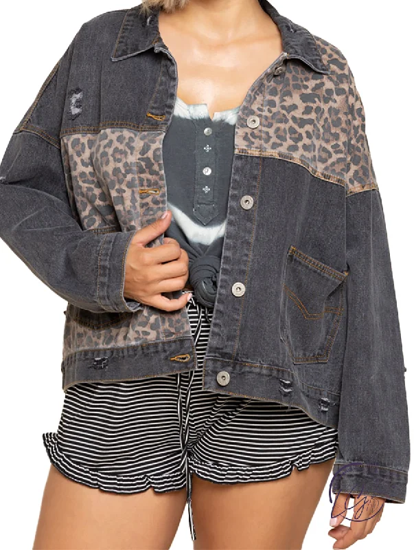 Comfortable Women's Clothing Curvy Off Duty Leopard Denim Jacket