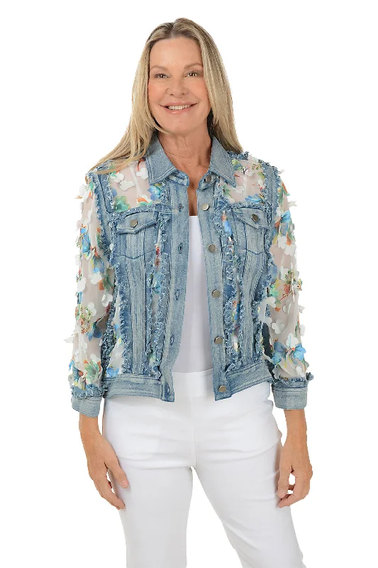 Tailored Clothing For Women Blue Flower Petal Sheer Denim Jacket