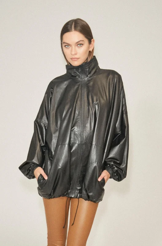 Stylish Women's Clothing Black Leather Anorak Jacket