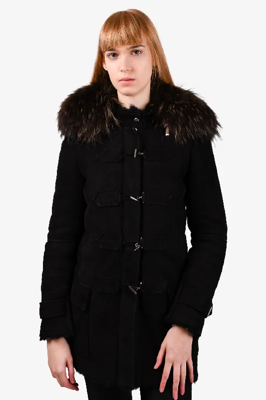 Women's Occasion Wear Apparel Barbara Bui Black Suede Shearling Lined Peacoat with Fur Collar Size 38