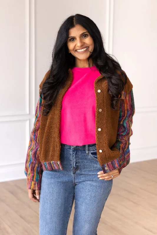 Chic And Affordable Fashion – Shop Now And Save Brown Sherpa with Multi-Colored Sleeves Chic And Affordable Fashion – Shop Now And Save Brown Sherpa with Multi-Colored Sleeves