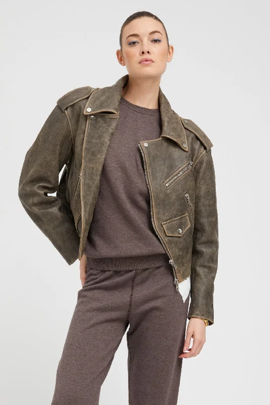 Women's Clothing Grey Leather Biker Jacket