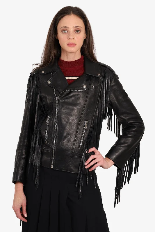 Women's Activewear Apparel Gucci Black Leather Fringe Beaded Jacket Size 38