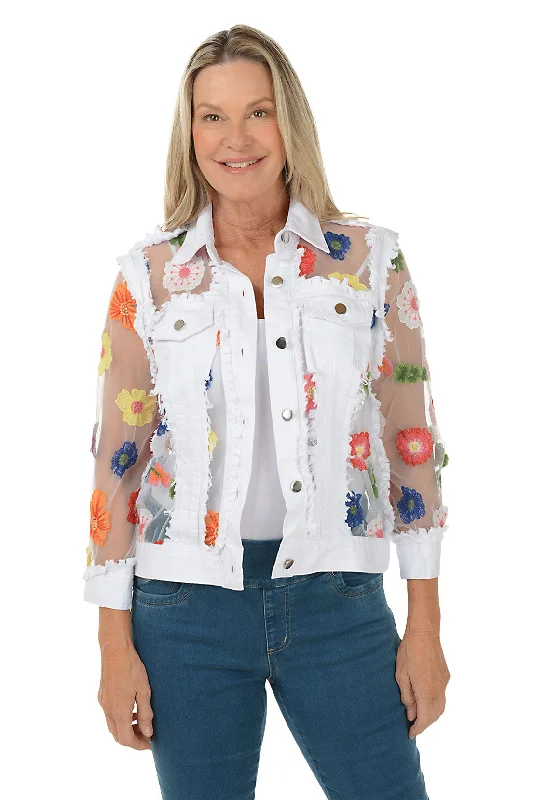 Women's Clothing For Casual Outings Colorful Embroidered Flowers Sheer Denim Jacket