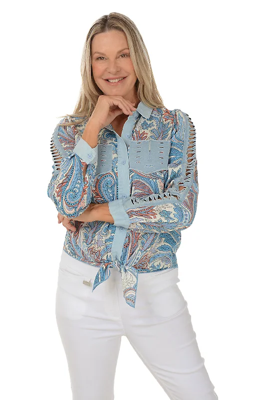 Stylish Outerwear Clothing For Women Blue Slashed Paisley Tie-Front Shirt