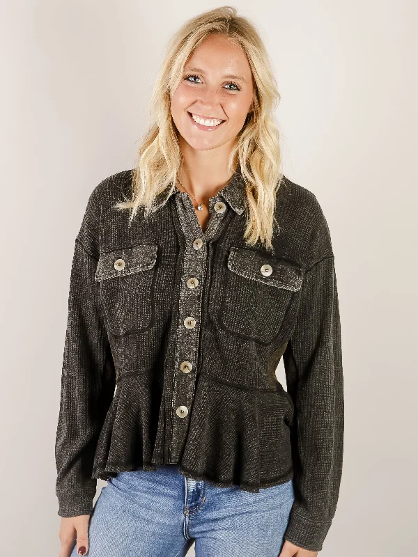 Women's Weekend Outfit Black Washed Waffle Ruffle Jacket