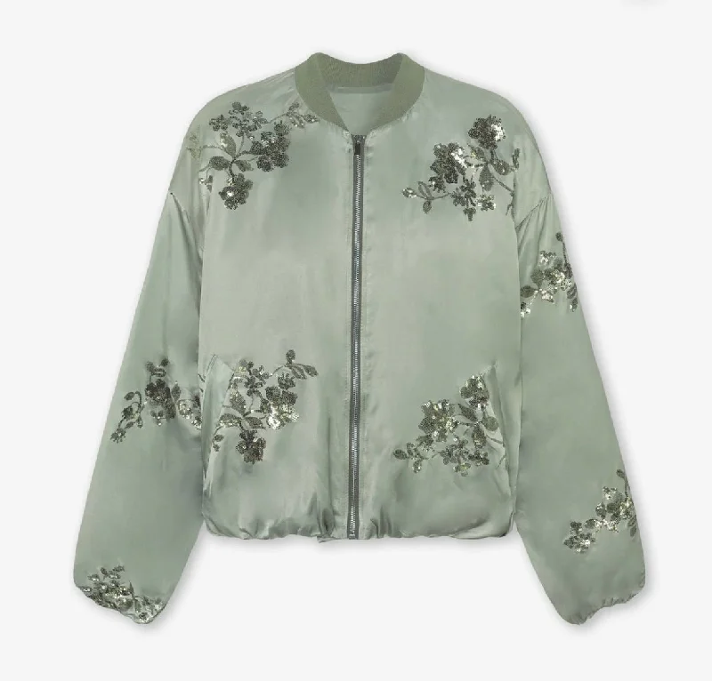 Stylish Women's Clothing Satin bomber jacket with sequin detailing.